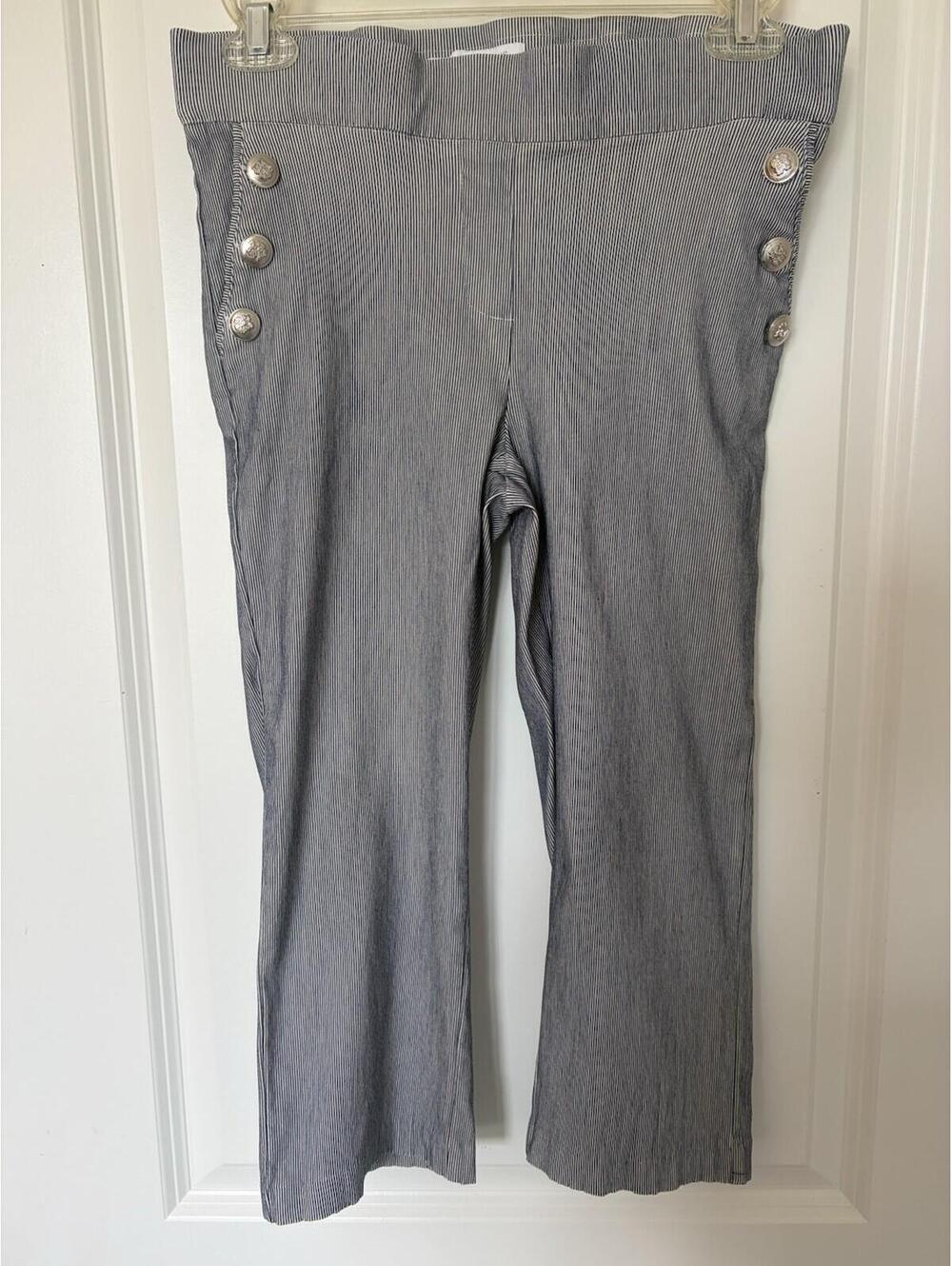 LINDA MATTHEWS WOMENS PANTS BLUE STRIPED SMALL ANKLE CAPRI CASUAL STRETCH